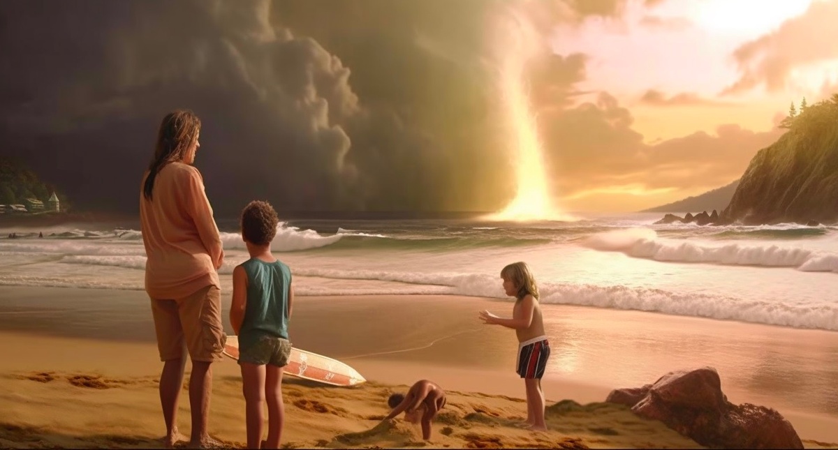 Drie personen kijken op het strand toe naar de komende storm